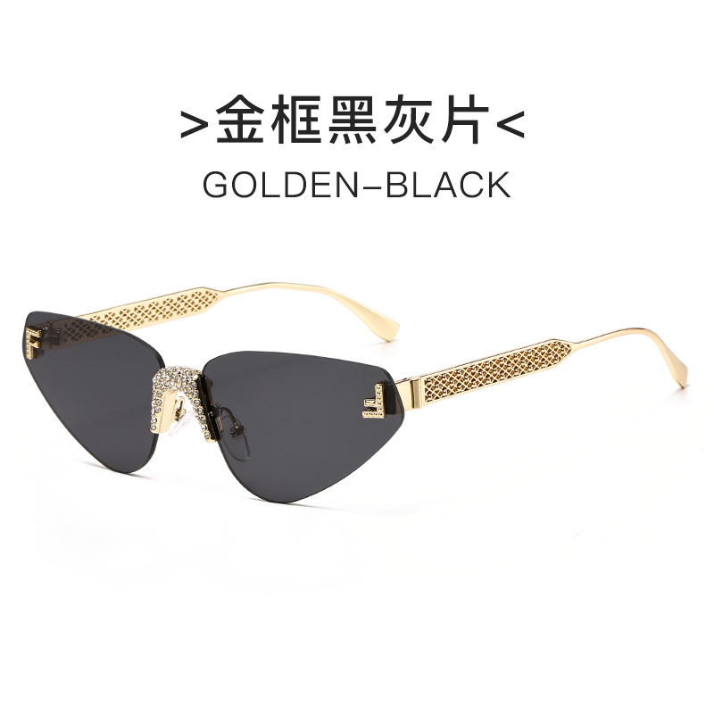 无框猫眼太阳镜时尚穿搭复古欧美墨镜女士时尚金属镂空太阳眼镜