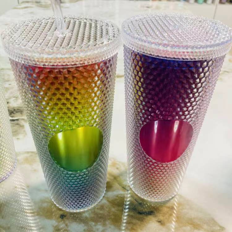 Double Plastic Straw Cup Large Capacity Creative 710ml Durian Cup Hand Cup Luminous Color Changing Rainbow Gradient Cup