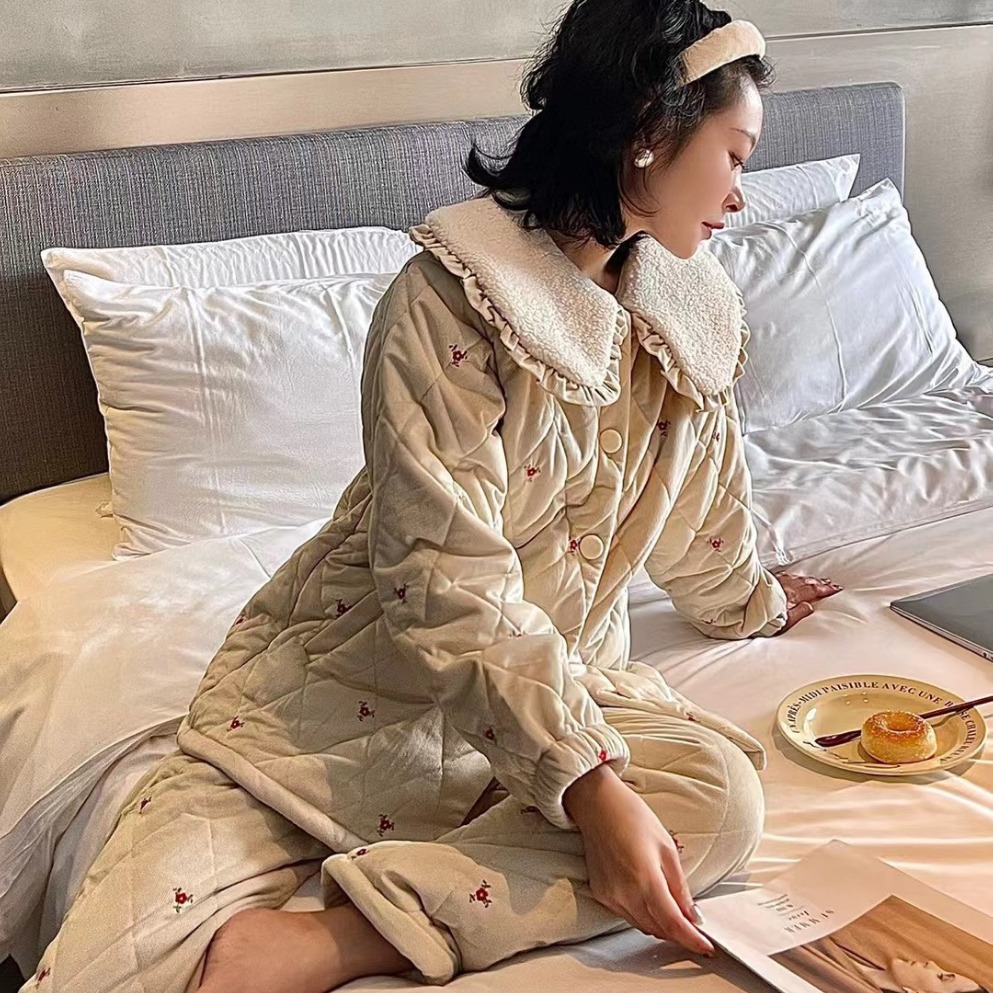 韩版秋冬季睡衣新款韩版时尚睡衣女绒面夹棉长袖长裤两件套睡衣套