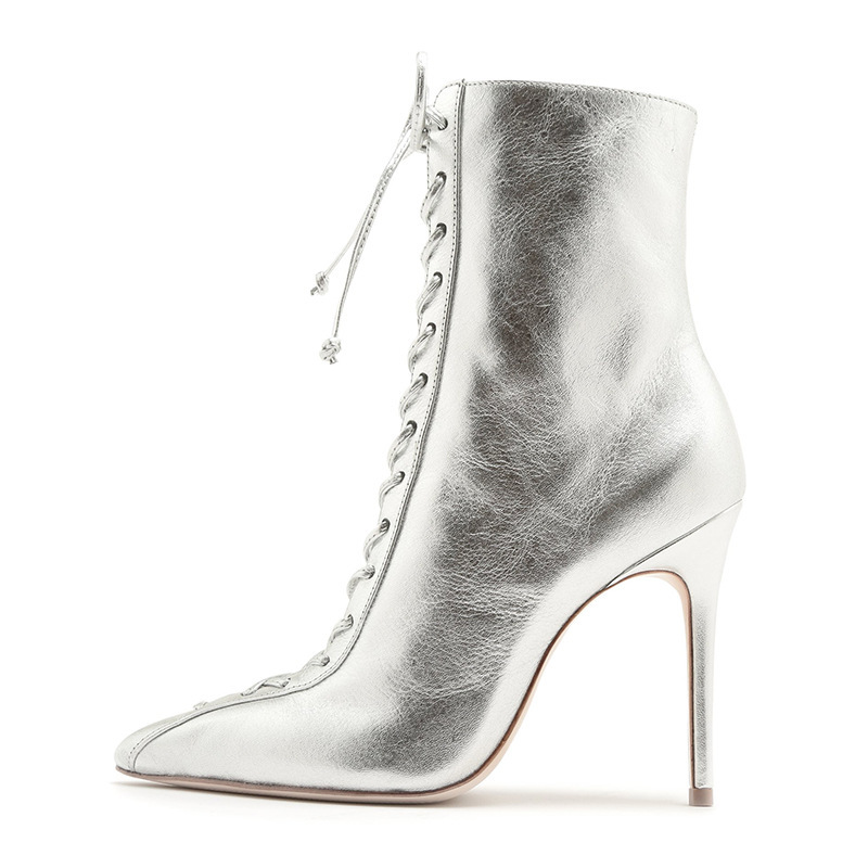 银色黑色pu外贸时尚大码细高跟系带短靴成都时装女鞋工厂跨境货源