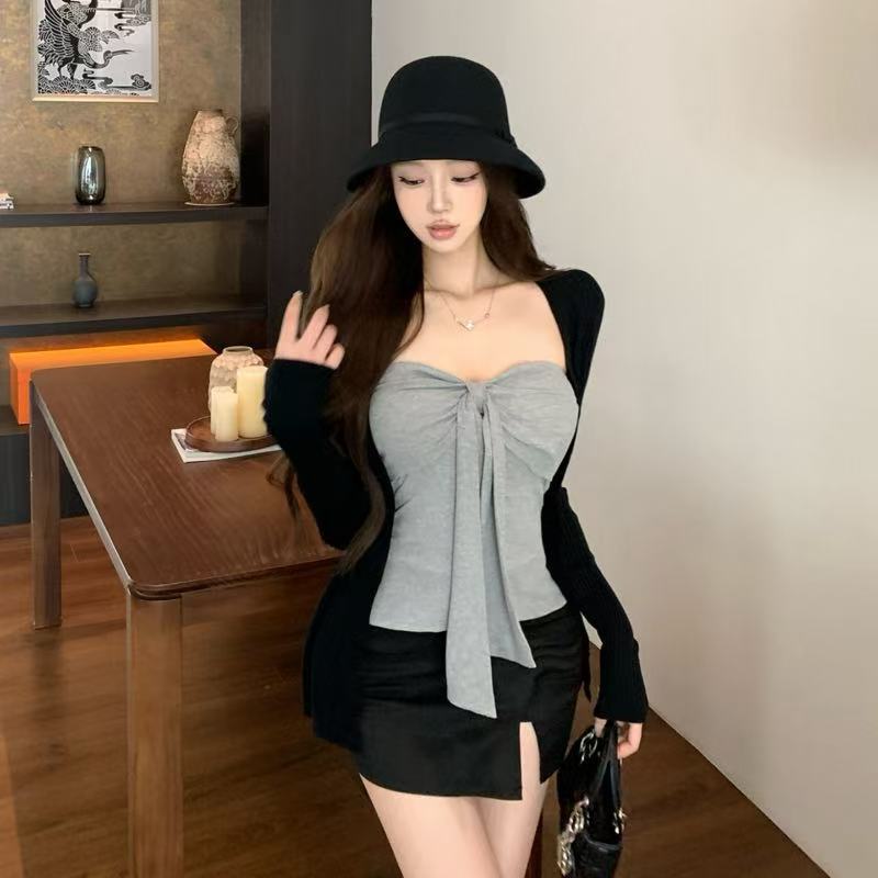 灰色蝴蝶结绑带无袖背心吊带夏季新款带胸垫一体设计感修身上衣女