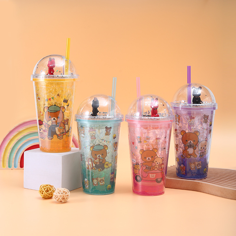 New Creative Crushed Ice Cup Ice Cup Bear Double-Layer Cup with Straw Men and Women Student Portable Summer Cute Ice Cup Plastic Cup