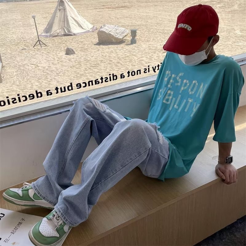 INS Hip Hop High Street Fashion Brand Retro Daddy Pants Knee Ripped Leisure Straight Jeans Men's Loose Wide Leg Pants