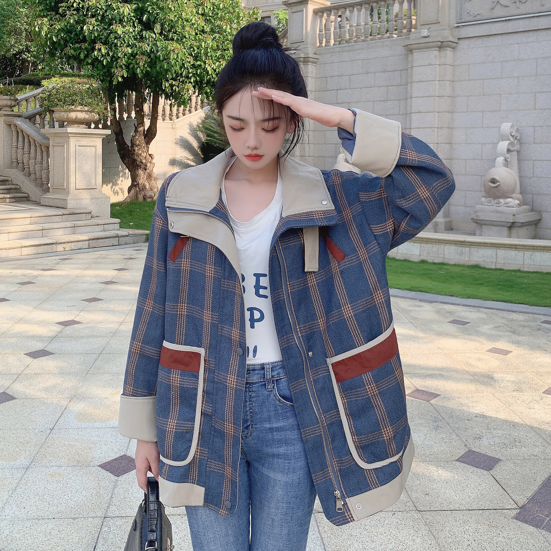 实拍格子外套港风复古气质百搭宽松休闲风衣女2021新款秋冬