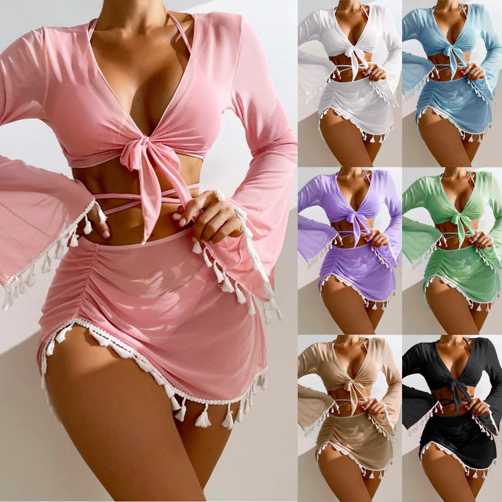 2024 new european and american conservative four-piece solid color tassel blouse mesh skirt bikini wholesale swimsuit for women