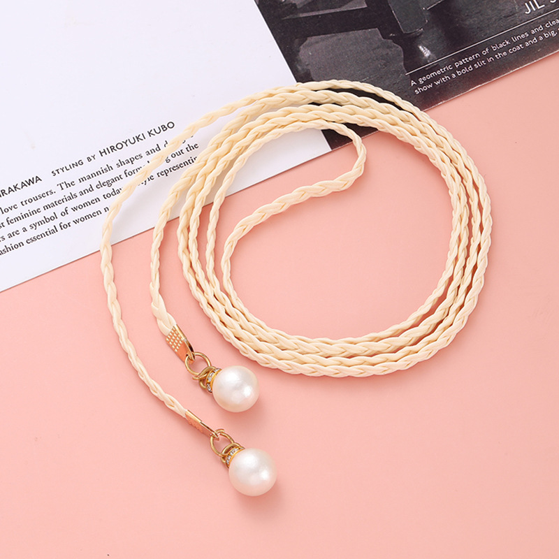 Women's Fashion Woven Waist Strap Knotted Waist Chain Dress with Simple Decorative Pearl Thin Waist Chain Leather Belt Waist Seal