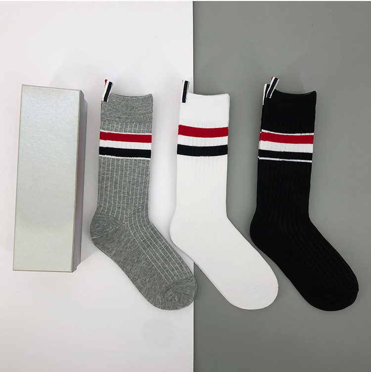 潮牌tb中筒袜子女士潮流小腿袜jk日系四道杠百搭白色运动男士长袜