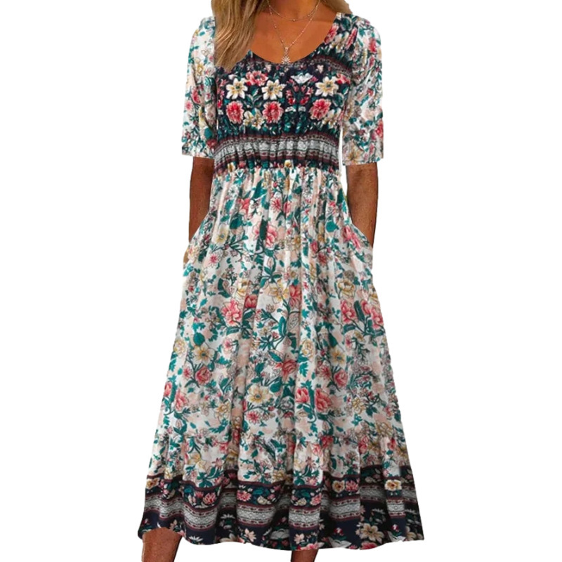 2024 European and American Amazon Summer New Women's round Neck Short Sleeve Dress Bohemian Print Dress Women