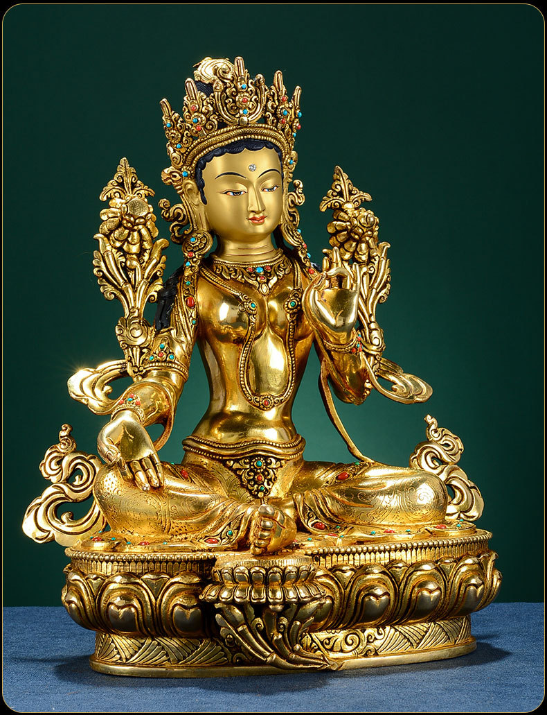 佛缘汇尼泊尔手工铜鎏金雕花居家供奉度母佛像摆件10寸绿度母