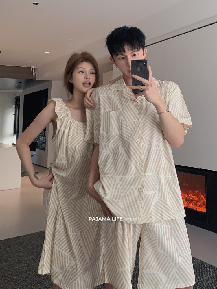 莫代尔凉感情侣睡衣夏季吊带睡裙女带胸垫简约高级男士家居服套装