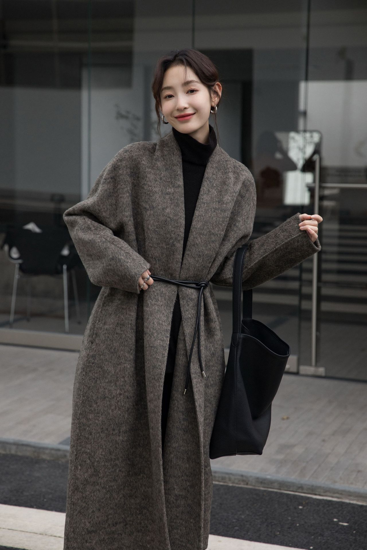 es modish 冬季新品韩系高级感浴袍款双面呢羊毛大衣女(配腰绳)