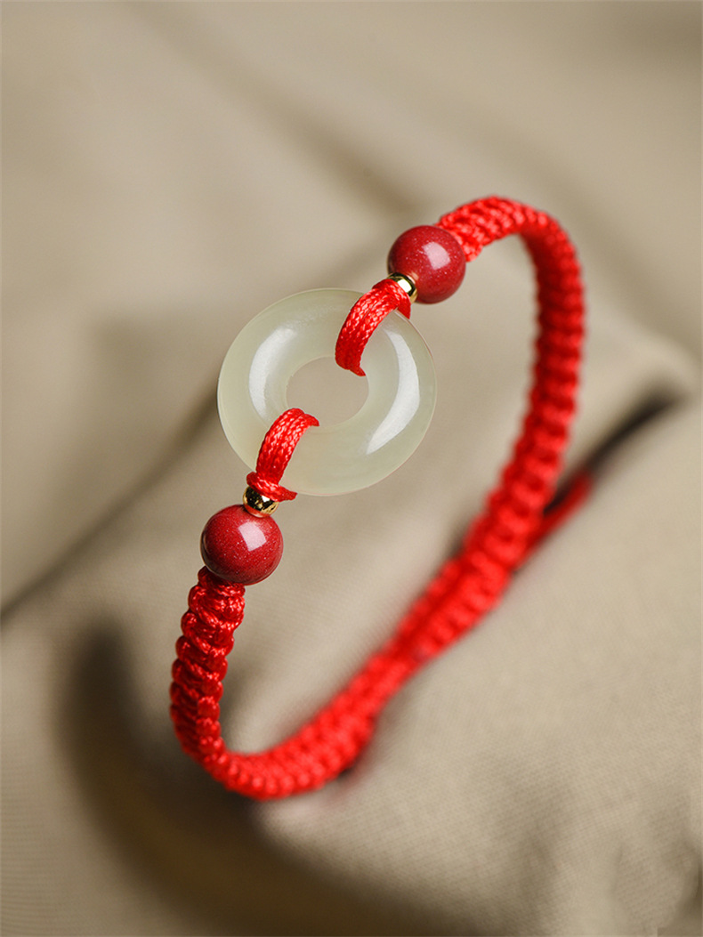 和田玉平安扣手链女朱砂红绳手串男和田玉情侣款一对本命年礼物