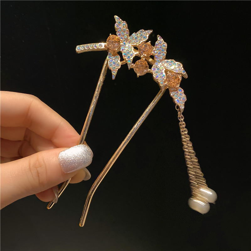 发簪流苏简约u型盘头发的簪子珍珠头饰现代风金属发钗发卡子头饰