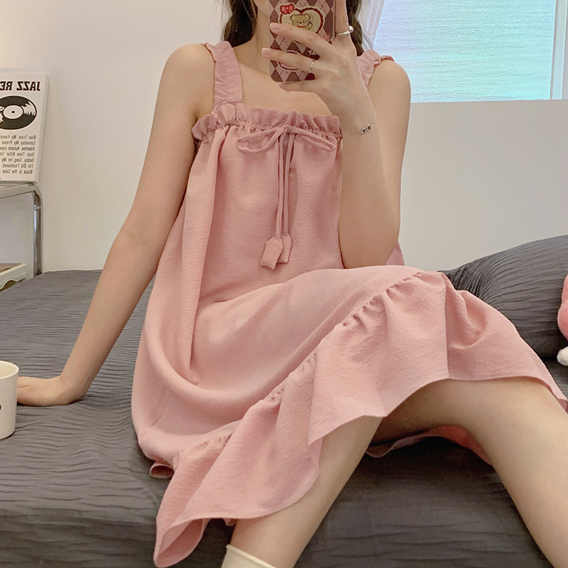 夏季新款吊带裙睡衣女生豆沙色纯色全棉ins小清新少女家居服睡衣