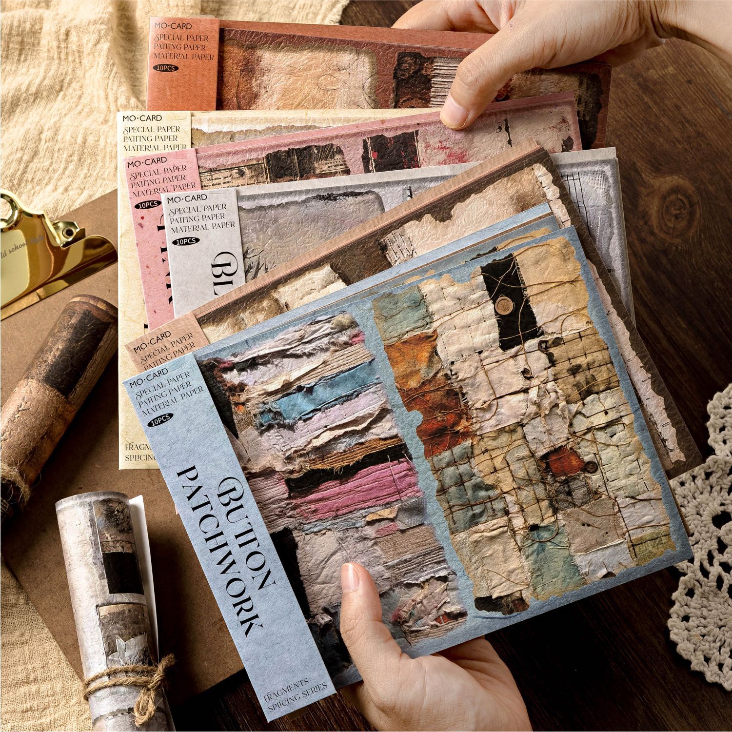 陌墨素材纸 碎片拼接系列 复古做旧手账拼贴素材10张入 6款选
