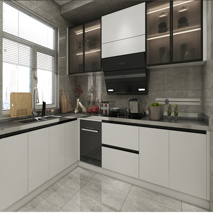 现代简约整体橱柜不锈钢厨房橱柜橱柜轻奢风彩晶门板