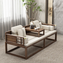 新中式罗汉床老榆木客厅小户型实木简约储物沙发两用推拉床茶桌椅