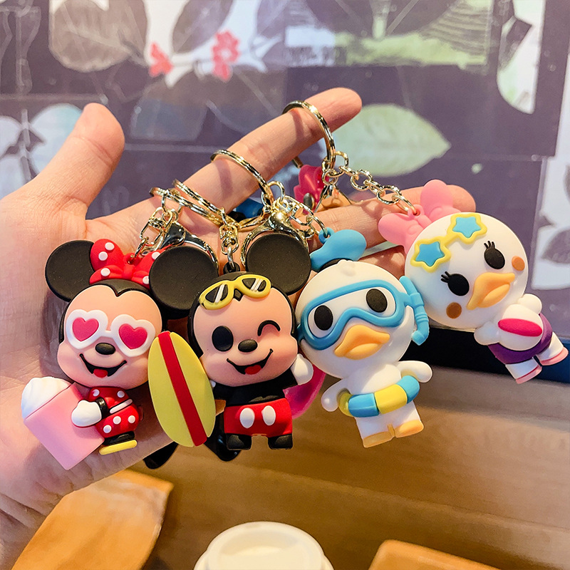 Cute Mickey Minnie Summer Travel Series Keychain Cartoon PVC Doll Bag Package Pendant Car Key Ring