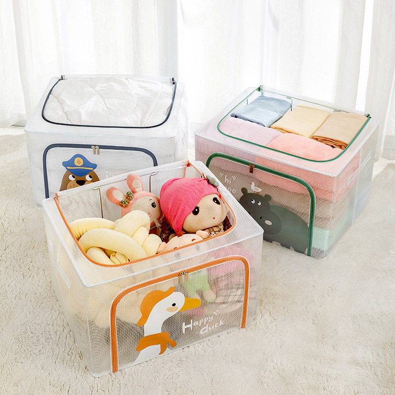 Cartoon Transparent Storage Box Household Waterproof Steel Frame Box Large Capacity Foldable Clothes Storage Box Quilt Storage Box