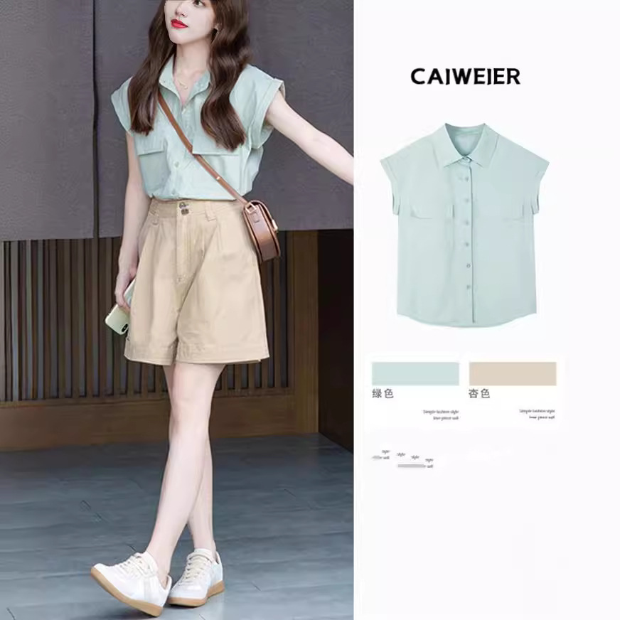 翻领薄荷绿衬衫女设计感小众小飞短袖别致上衣夏休闲小