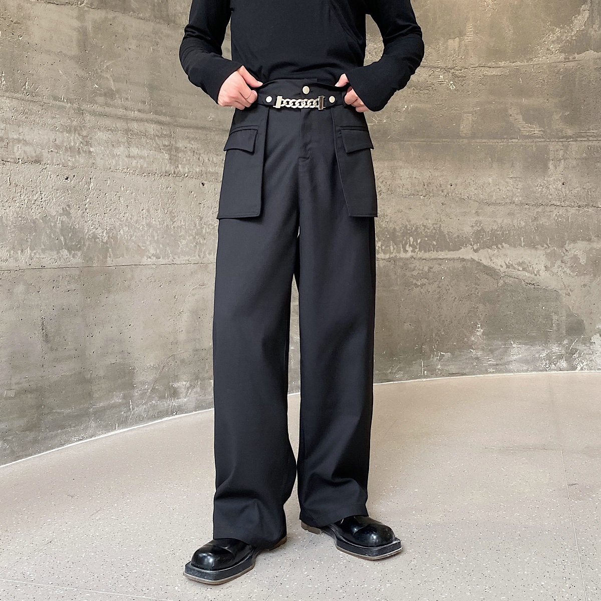 日本系设计师风金属链条装饰机能工装裤男假两件套拖地长裤发型师