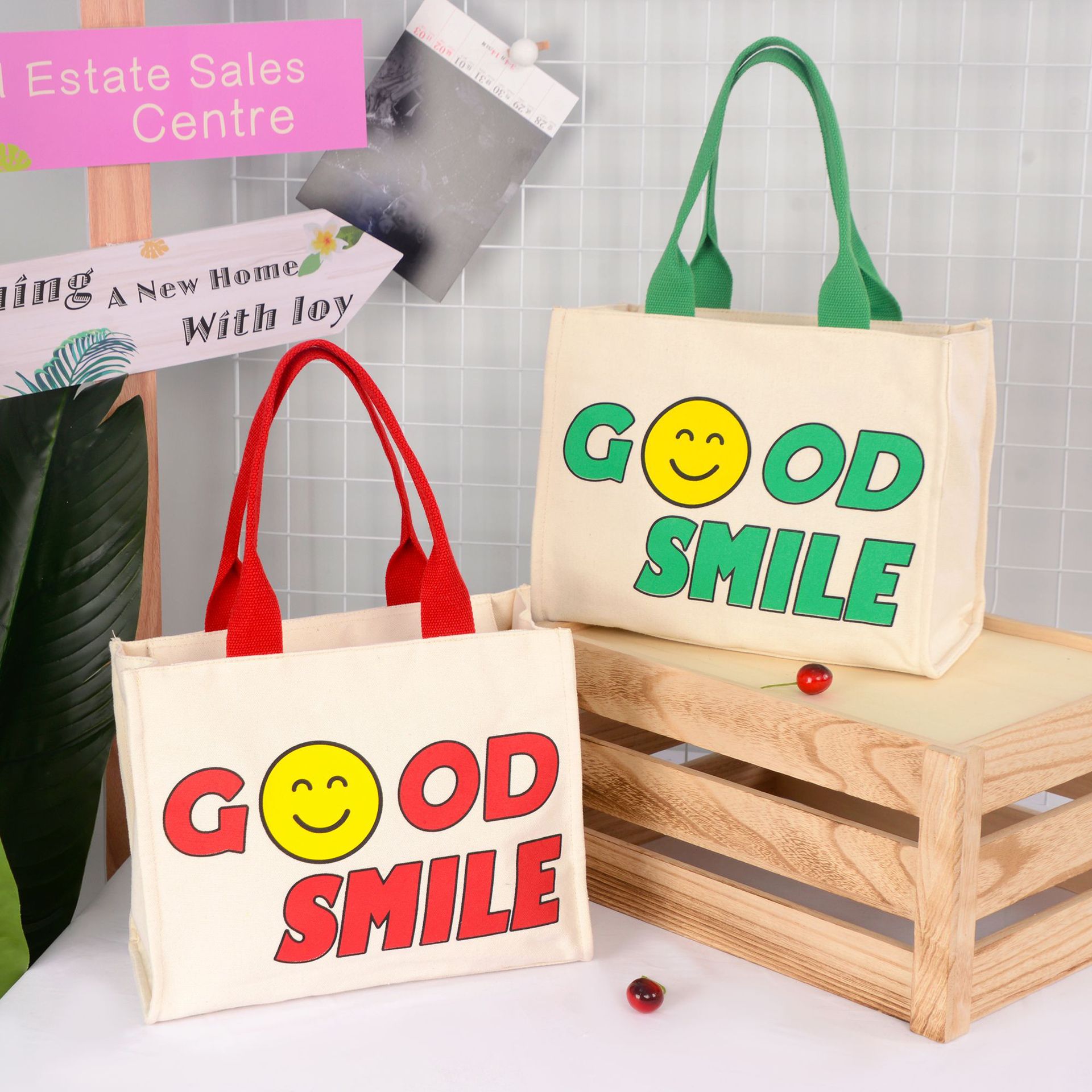 INS Girly Small Square Bag Cartoon Smiley Canvas Shoulder Bag Trendy Korean Style Student Travel Handbag