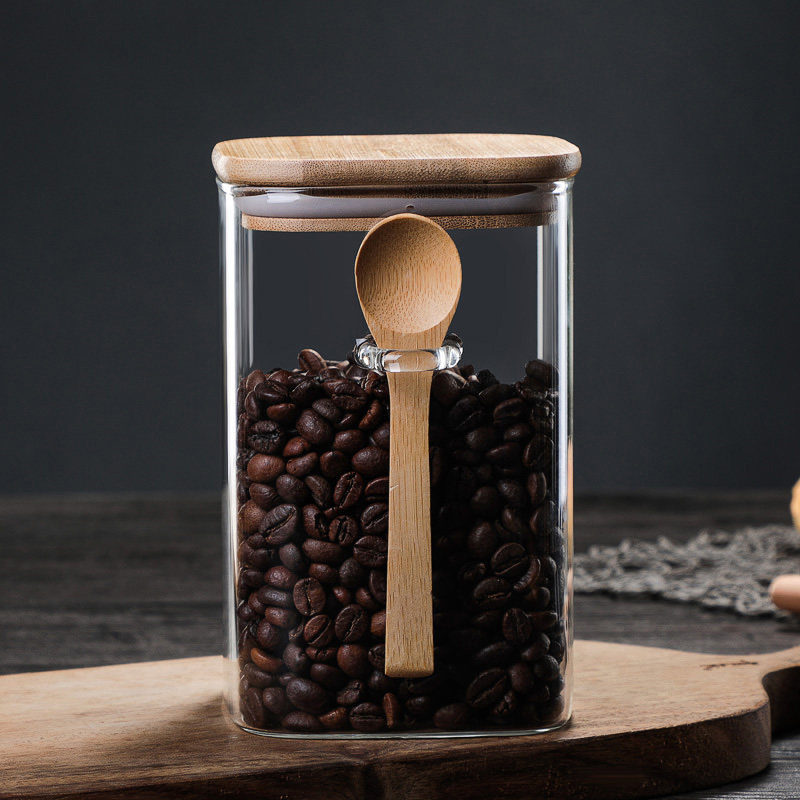 Japanese-Style Square Glass Sealed Can Household Coffee Bean Storage Tank Kitchen Wooden Spoon with Spice Jar Food Storage Jar