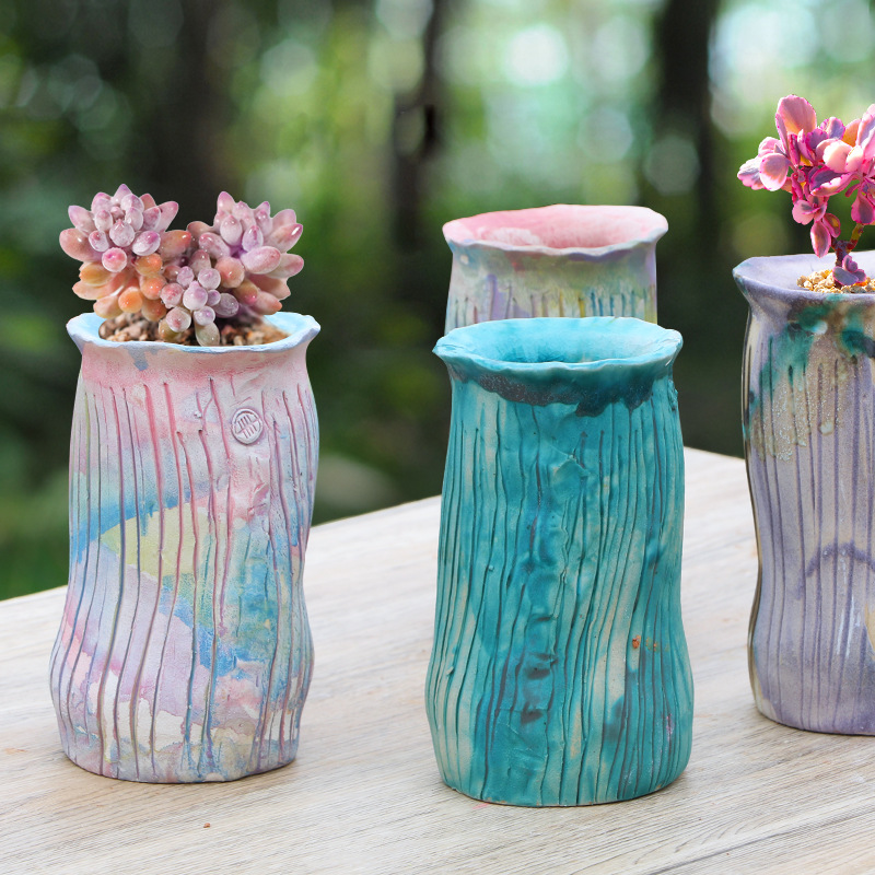 一卌小高桩粗陶透气吸水磨砂质感多肉花盆幻彩色法师盆