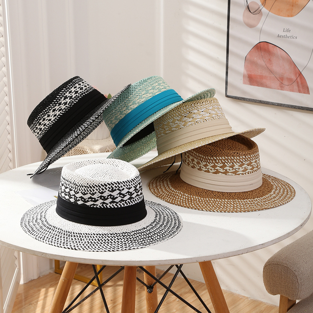 British Style Color Matching Hand-Woven Straw Hat Female Summer Artistic Travel Vacation Hat Wide Brim Flat Top Hat Tide