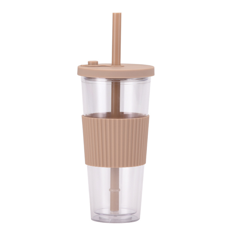 2022 New Large Capacity Double-Layer Plastic Cup Large Hole Straw Pearl Boba Milky Tea Cup Portable Outdoor Cup with Straw