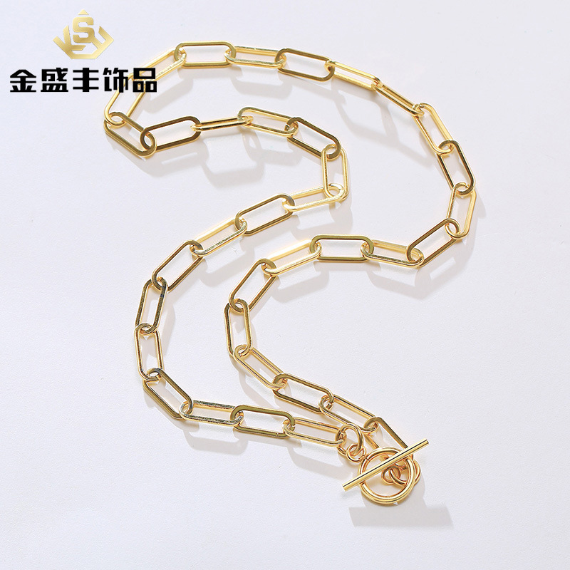 跨境饰品jewelry 不锈钢毛衣 扁长o链 项链金色女ot扣 珍珠nc-831
