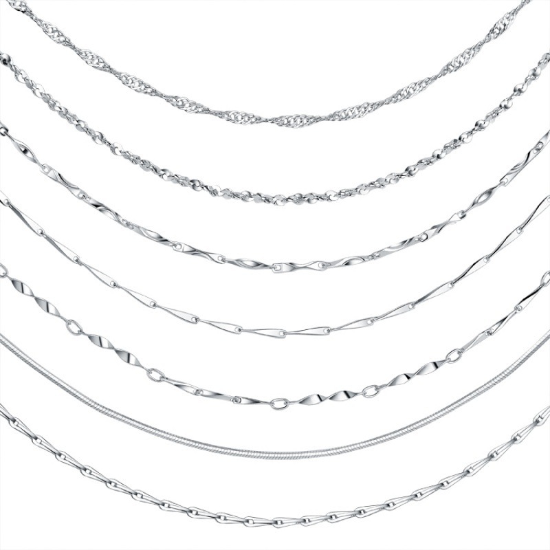 Silver-Plated Necklace for Women Necklace Single Chain Clavicle Chain Water Wave Ingot Snake Bone O-Shaped Starry Melon Seeds Box Chain Pure Necklace