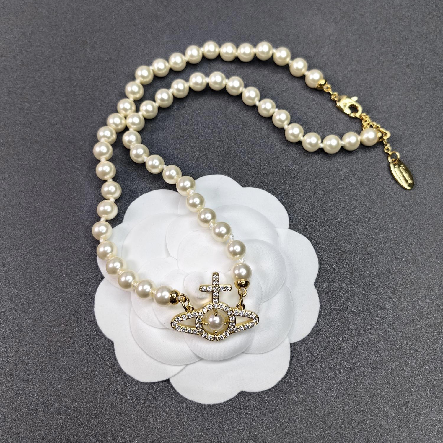 西太后薇薇安十字镂空土星珍珠项链 轻奢小众镶钻星球颈链饰品批