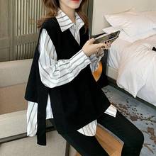 单件/套装2023春秋新款韩版复古衬衫+黑色针织马甲毛衣两件套女