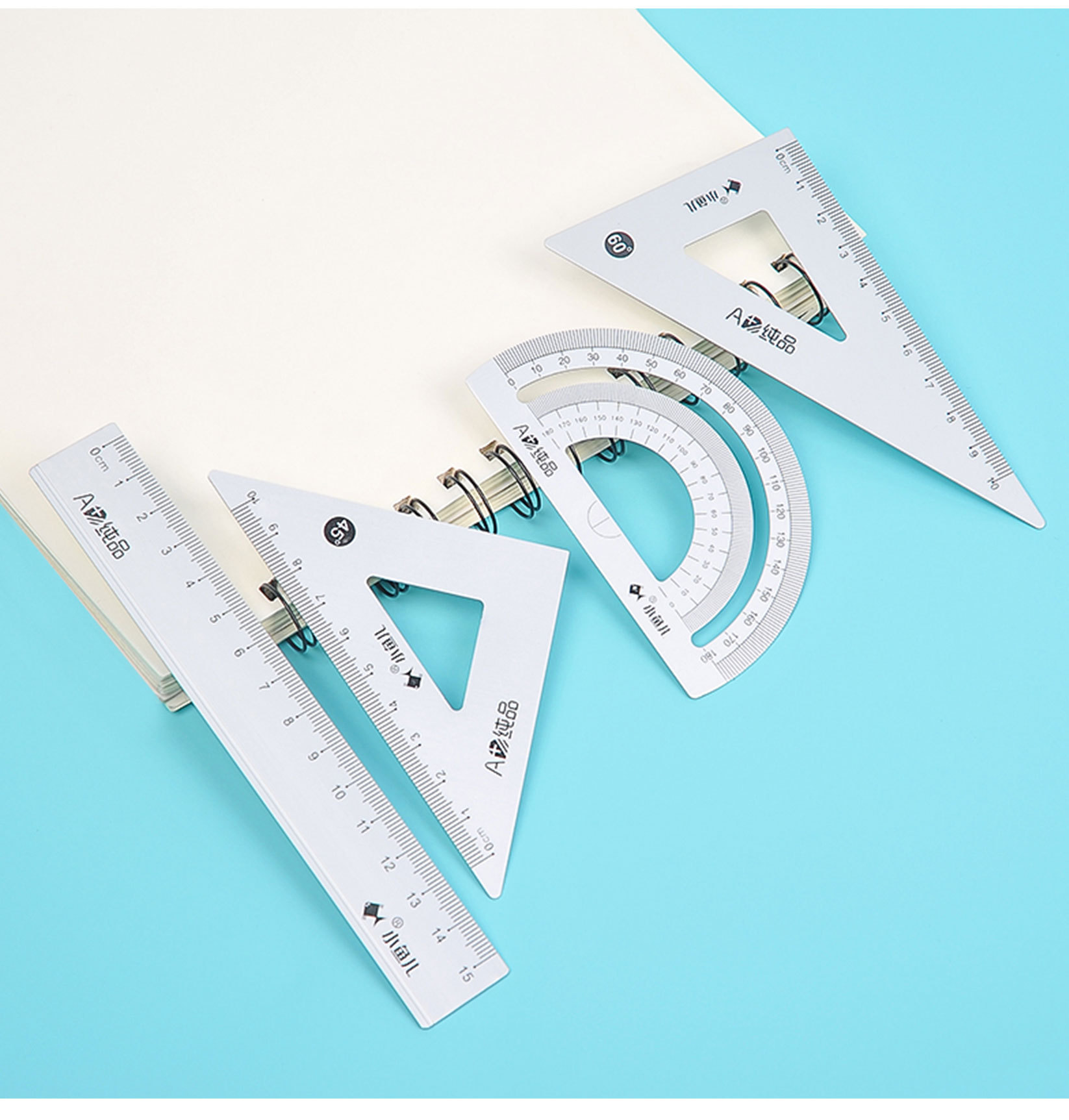 学生用铝合 金套尺四件套装三角板量角器15cm直尺4件套加厚刻度尺