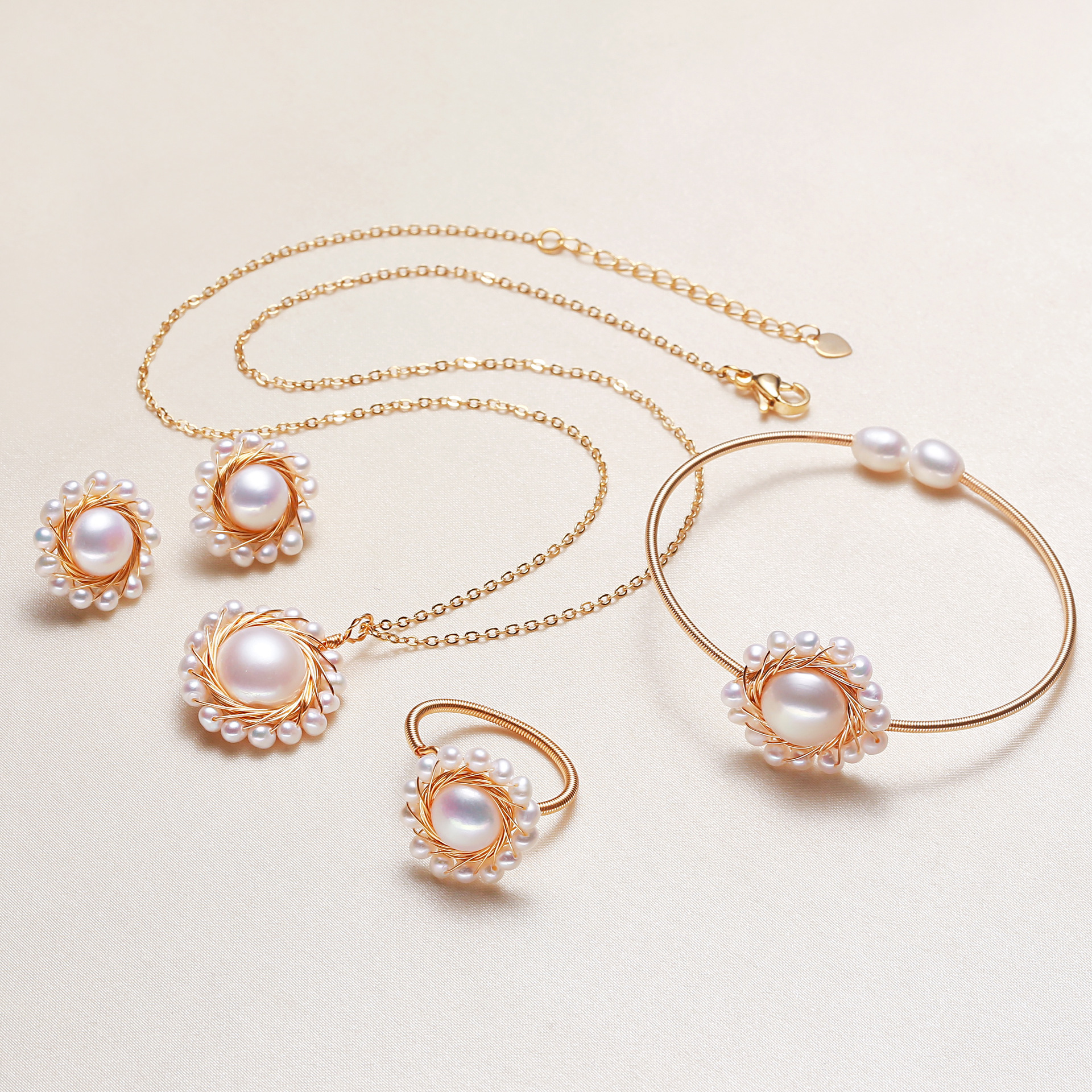 【珍珠首饰四件套】厂家直供淡水珍珠套装手作绕线首饰批发