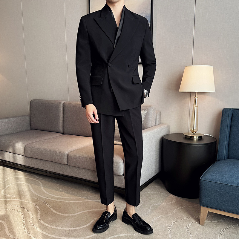 气质英伦风轻奢修身纯色西服套装2024春装假两件设计休闲男士西装