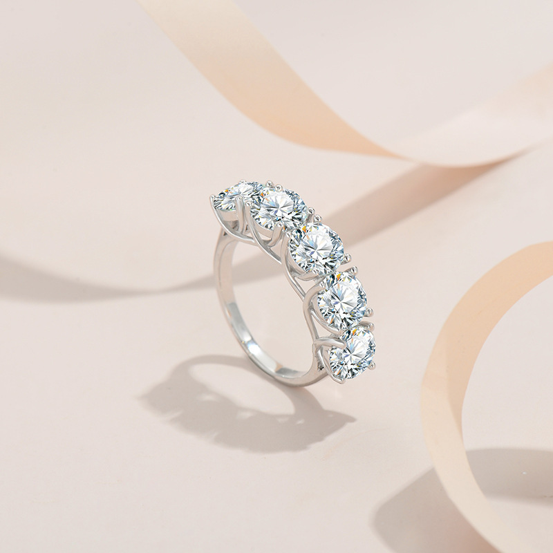 纯银s925莫桑钻戒指跨境热销欧美夸张钻戒五钻排戒奢华仿真钻指环