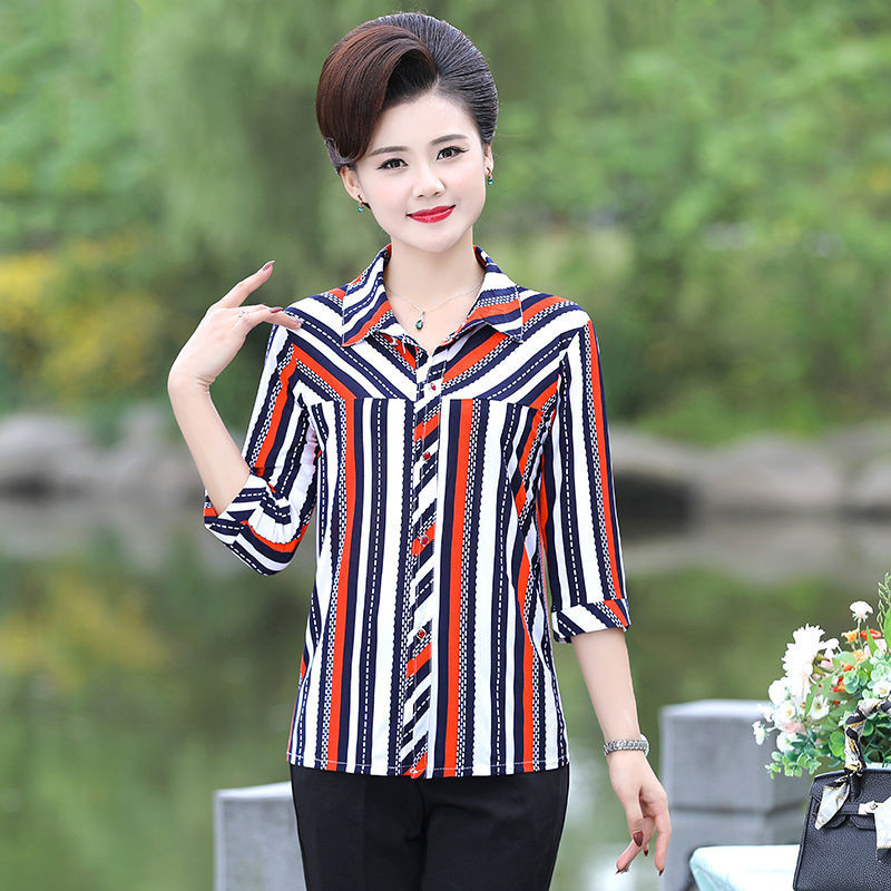 妈妈夏装t恤仿开衫宽松短袖新款中老年女装中袖小衫翻领打底上衣