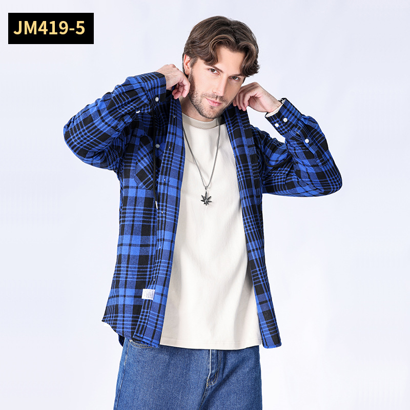 Foreign Trade Spring Hooded Casual Plaid Long Sleeve Men's Shirt Men's Shirt Youth Coat Formal Wear Factory Wholesale