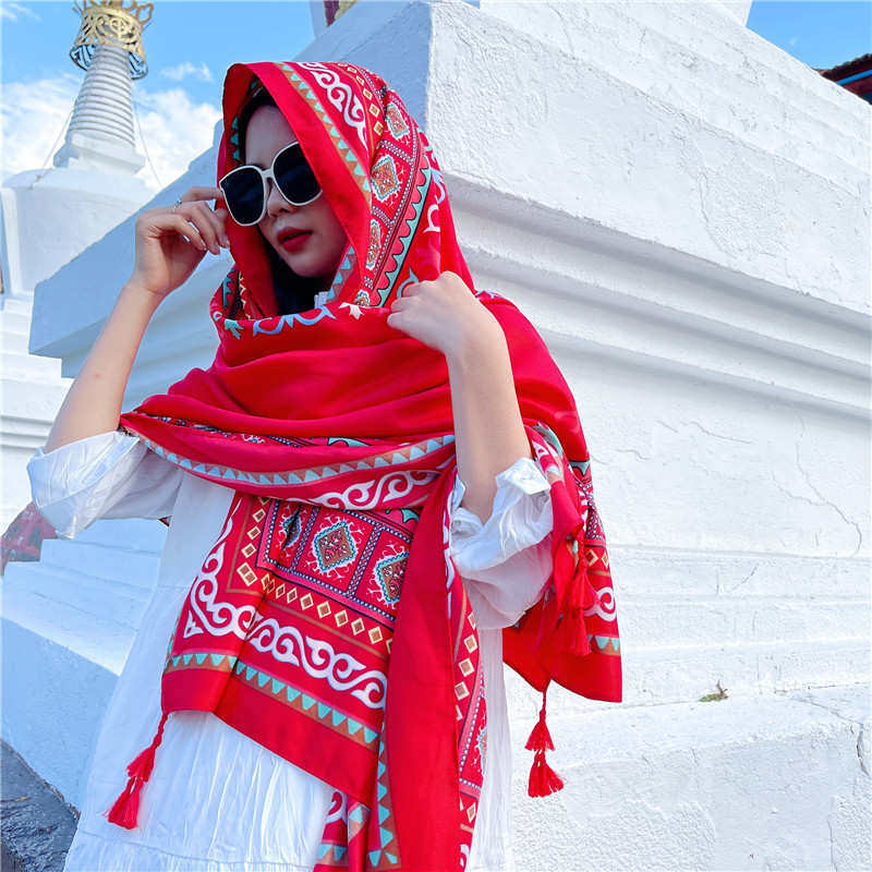 Summer Holiday Ethnic Style Scarf Artistic Cotton and Linen Women's Hainan Yunnan Travel Sun Protection Baotou Scarf Talma