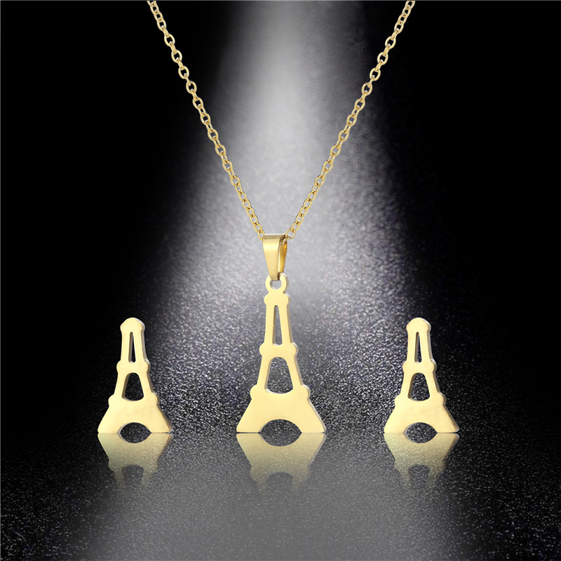 South America Ornament Supply Titanium Steel Necklace and Earring Suit Wholesale Romantic Paris Eiffel Tower Clavicle Chain Female