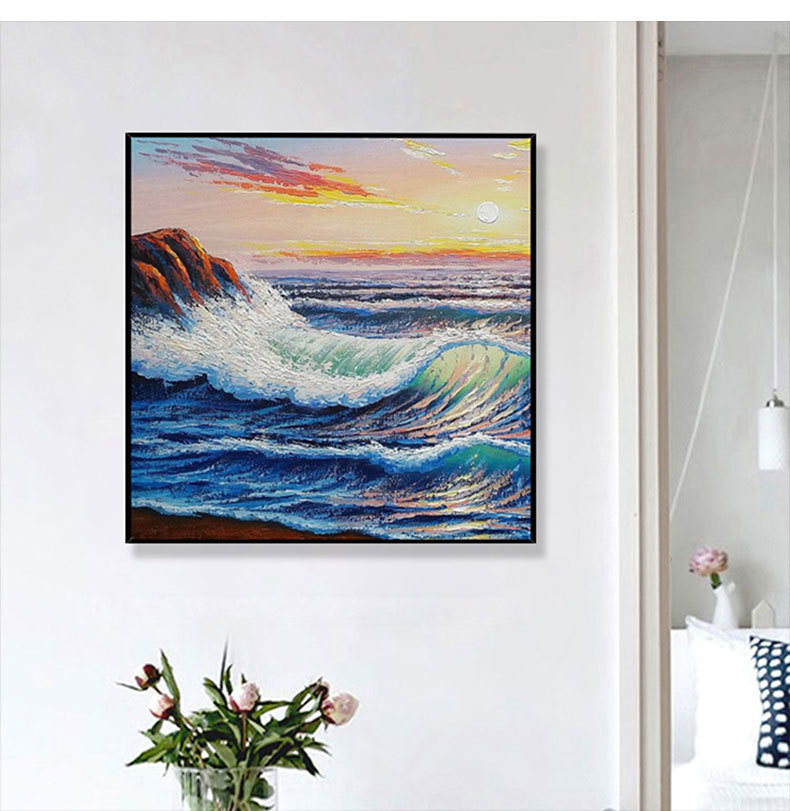 手绘油画日出浪花玄关背景墙装饰画酒店餐厅客厅走廊挂画海边风景