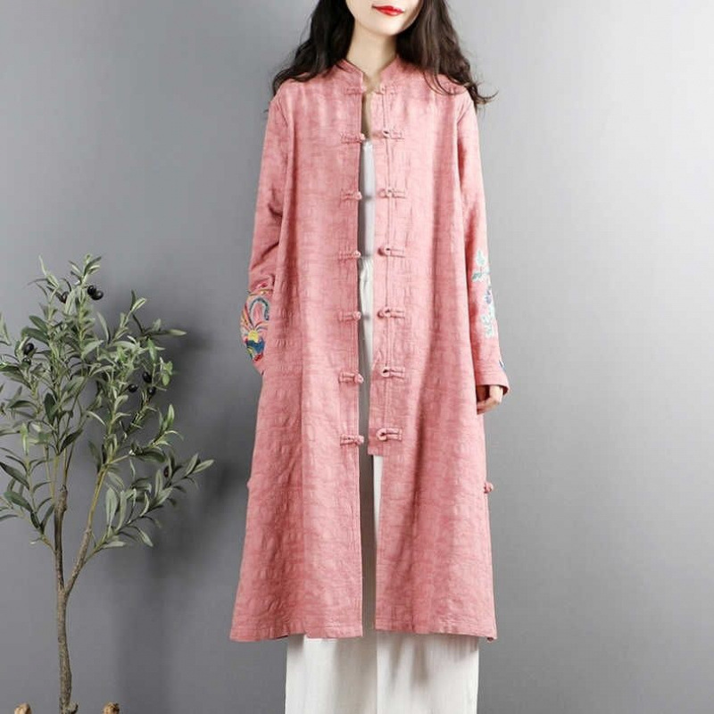 民族风复古刺绣棉麻上衣女春秋中长款盘扣开衫中国风薄款风衣外套