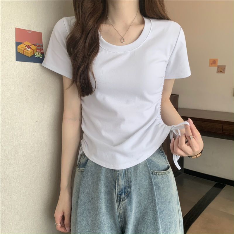 round Neck Drawstring Slimming Short-Sleeved T-shirt for Women 2024 New Summer Niche Korean Simple Chic Slim Top Fashion