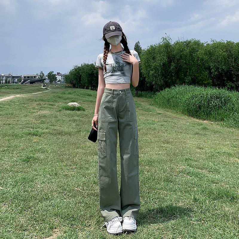 American Hot Girl High Waist Straight Cargo Pants Women's Summer 2023 New Loose Slimming Casual Wide Leg Mop Pants