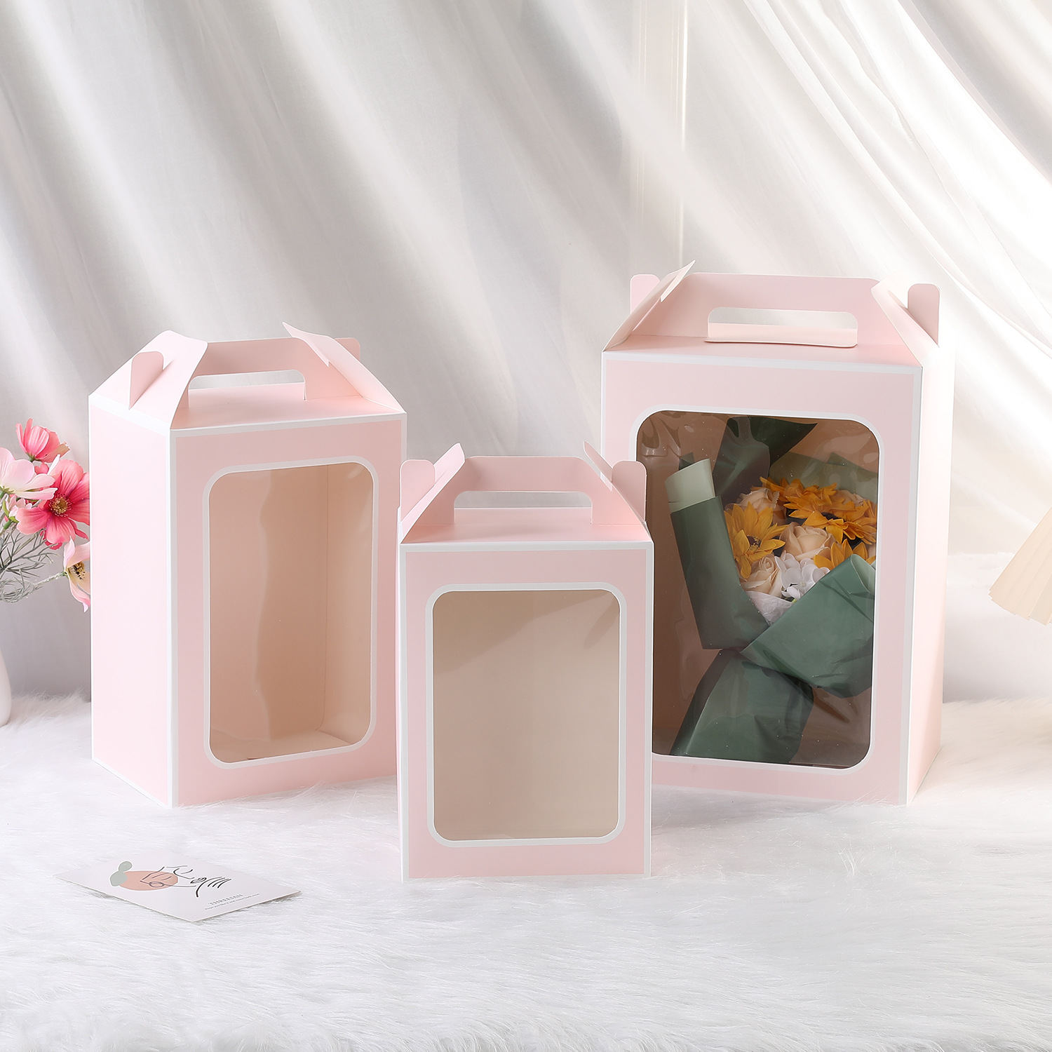 New White Card Portable Gift Box Transparent Packaging Gift Box Window Gift Box Flower Hand Basket