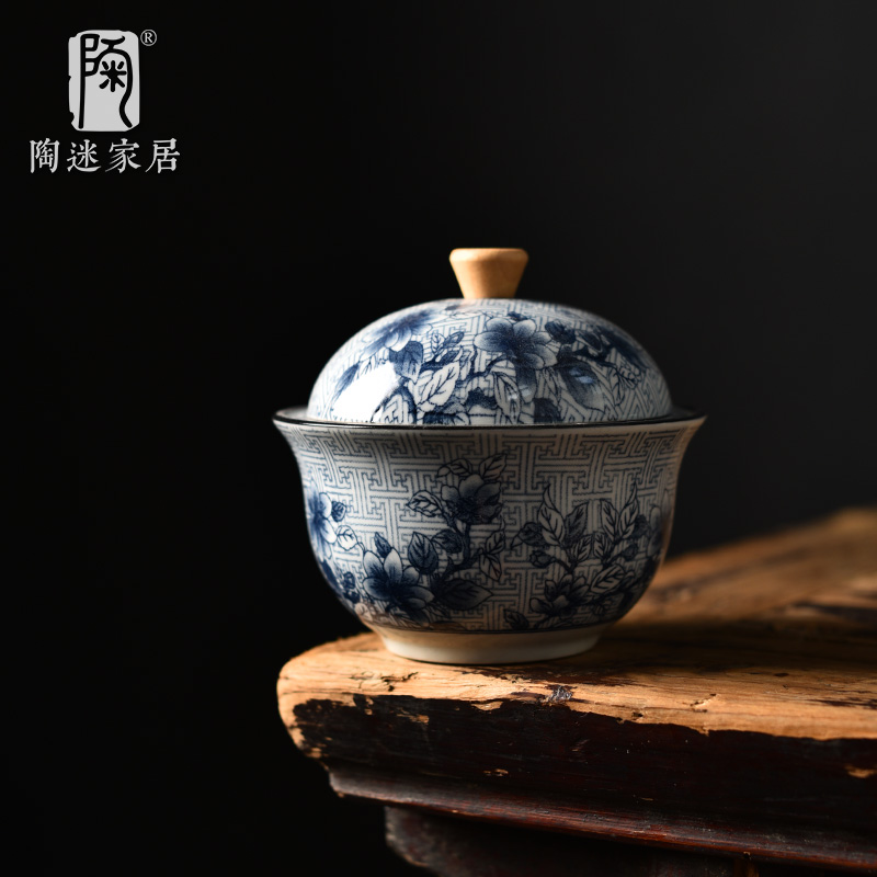 65n青花瓷烟灰缸带盖防风防飞灰满印花家用复古烟缸大号个性桌面