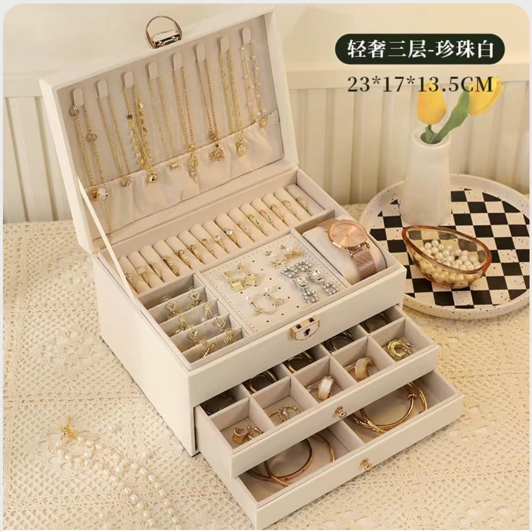 Rhombic High-End Jewelry Box Necklace Earrings Bracelet Ring Storage Box Drawer Three-Layer Jewelry Storage Box with Lock