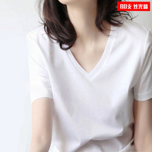 新疆棉80丝光棉短袖t恤女白色领夏季纯棉鸡心领2024新款正肩体恤